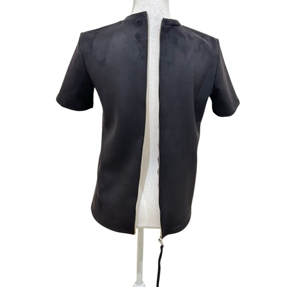 Zara black faux suede back exposed zipper with pull tab short sleeve top small - Picture 9 of 11